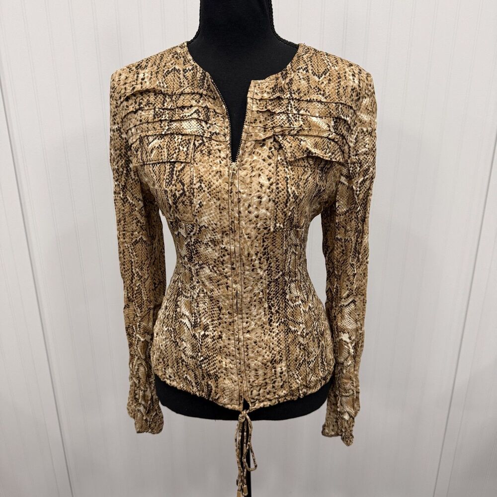 Tory Burch Women's Sz 8 Silk Snakeskin Print Zip Drawstring Hem Blouse Luxury